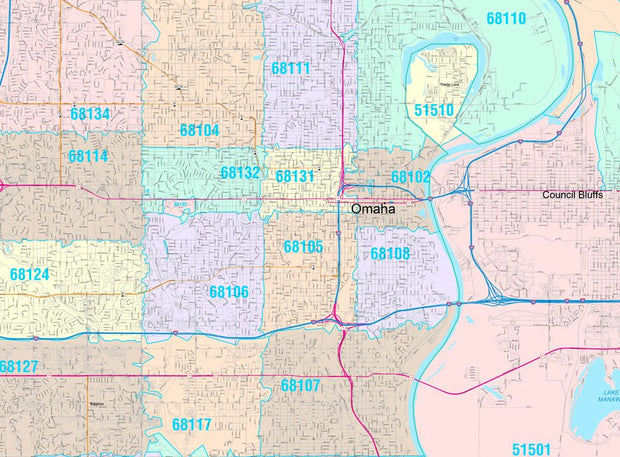 Colorcast Zip Code Style Wall Map of Omaha, NE by Market Maps
