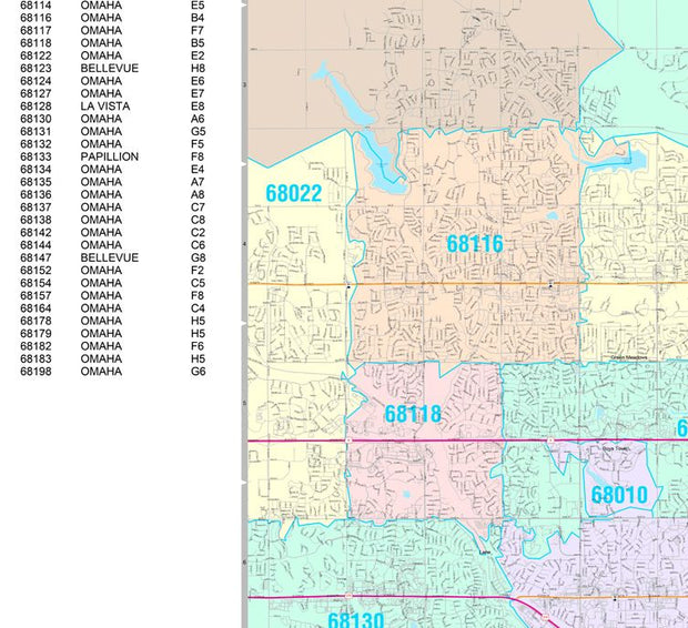 Colorcast Zip Code Style Wall Map of Omaha, NE by Market Maps