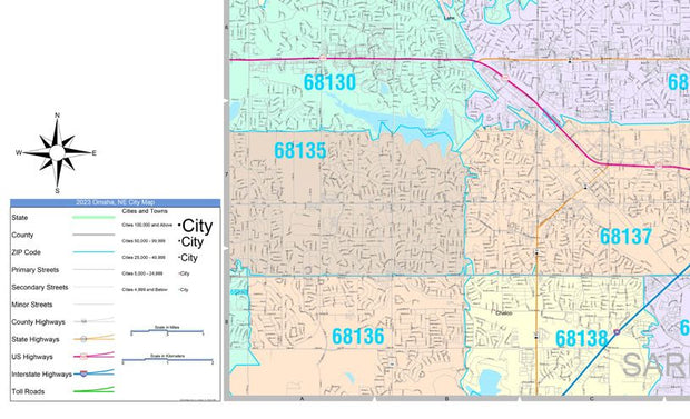 Colorcast Zip Code Style Wall Map of Omaha, NE by Market Maps