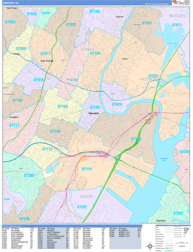 Colorcast Zip Code Style Wall Map of Newark, NJ by Market Maps