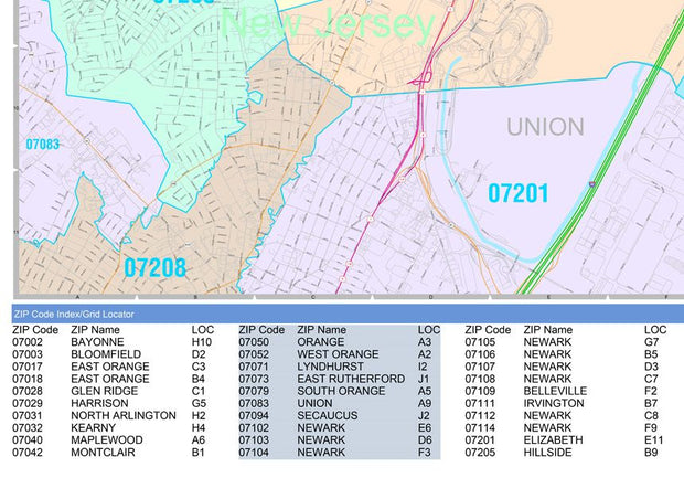 Colorcast Zip Code Style Wall Map of Newark, NJ by Market Maps