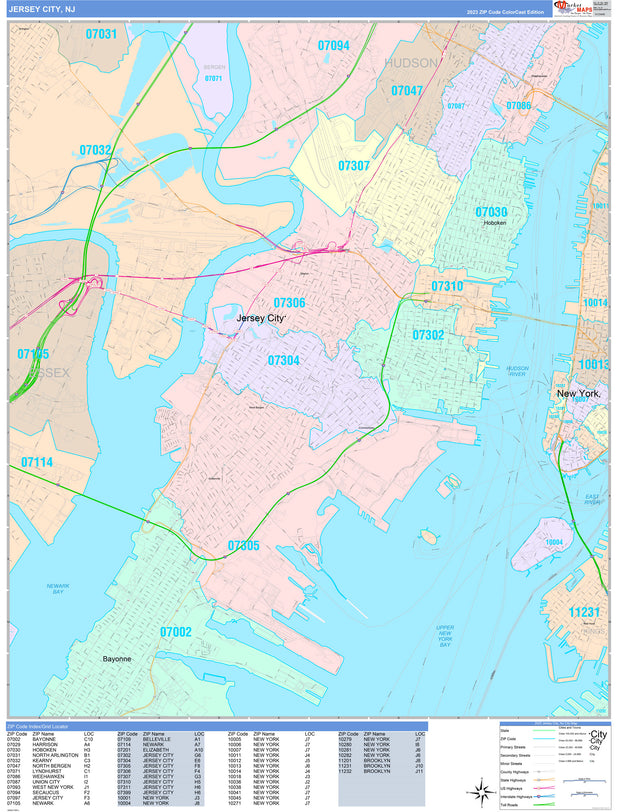 Colorcast Zip Code Style Wall Map of Jersey City, NJ by Market Maps
