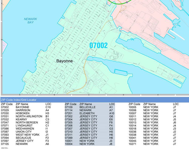 Colorcast Zip Code Style Wall Map of Jersey City, NJ by Market Maps