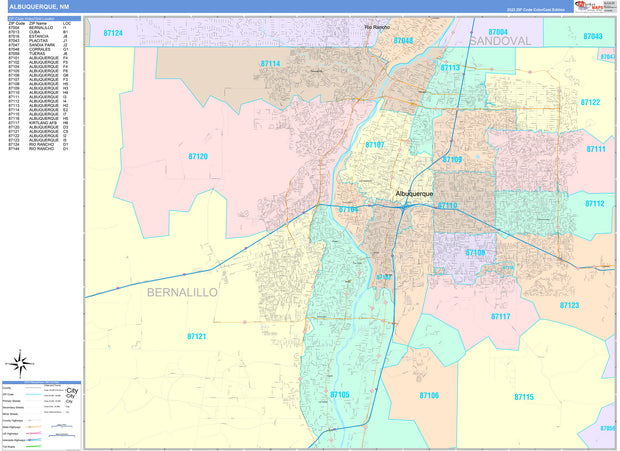 Color Cast Zip Code Style Wall Map of Albuquerque by Market Maps