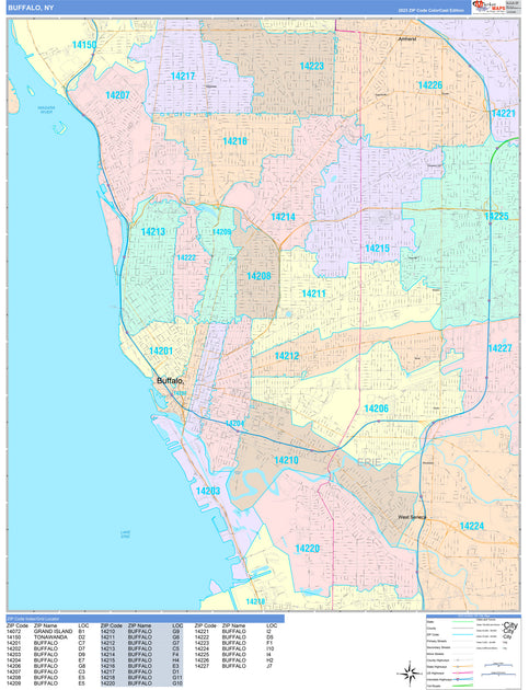 Color Cast Zip Code Style Wall Map of Buffalo, NY by Market Maps ...
