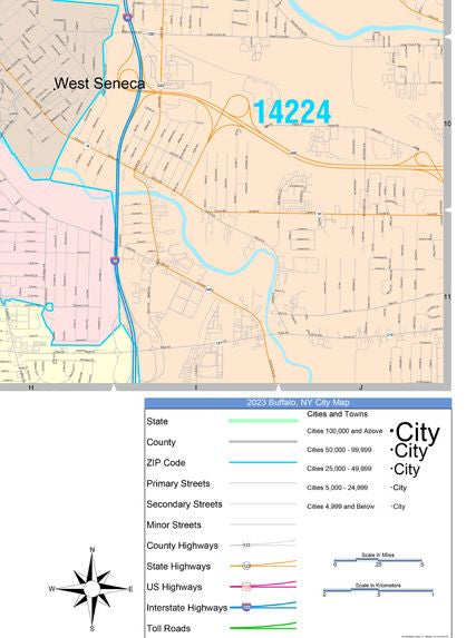 Color Cast Zip Code Style Wall Map of Buffalo, NY by Market Maps