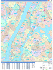 Color Cast Zip Code Style Wall Map of New York, NY by Market Maps