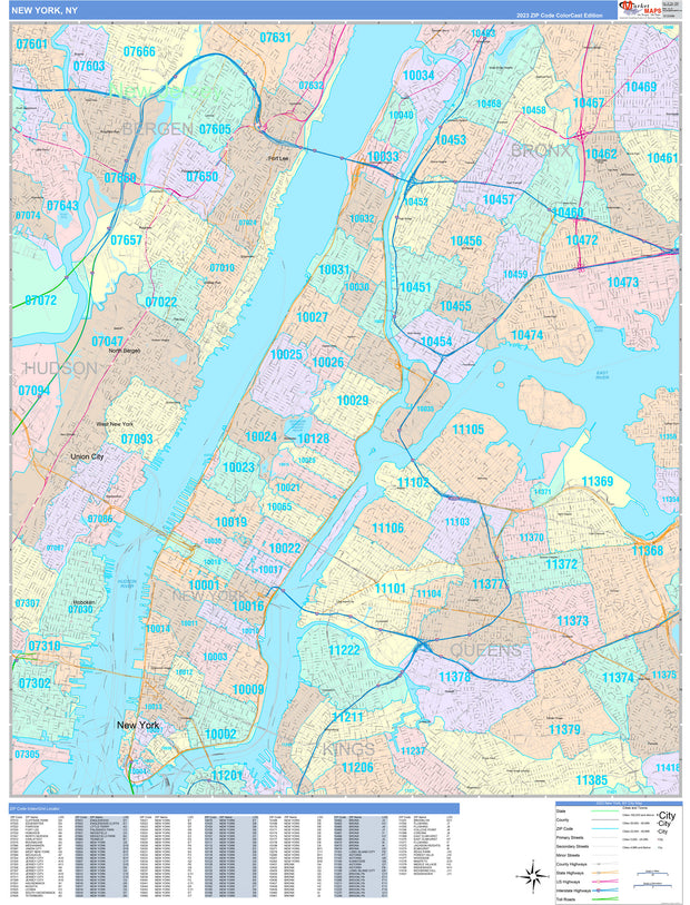 Color Cast Zip Code Style Wall Map of New York, NY by Market Maps