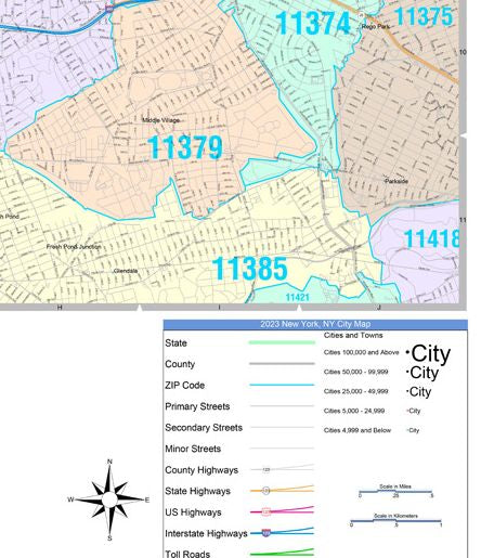 Color Cast Zip Code Style Wall Map of New York, NY by Market Maps