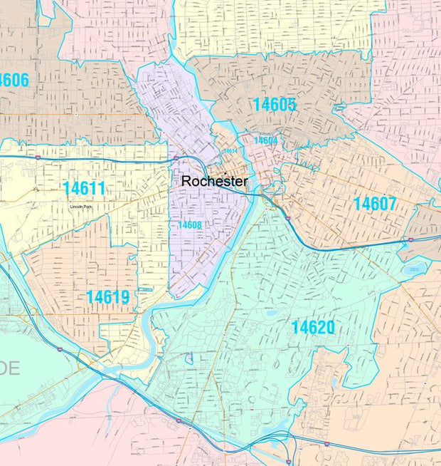 Colorcast Zip Code Style Wall Map of Rochester, NY by Market Maps