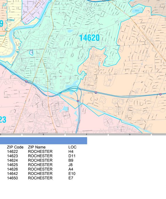 Colorcast Zip Code Style Wall Map of Rochester, NY by Market Maps