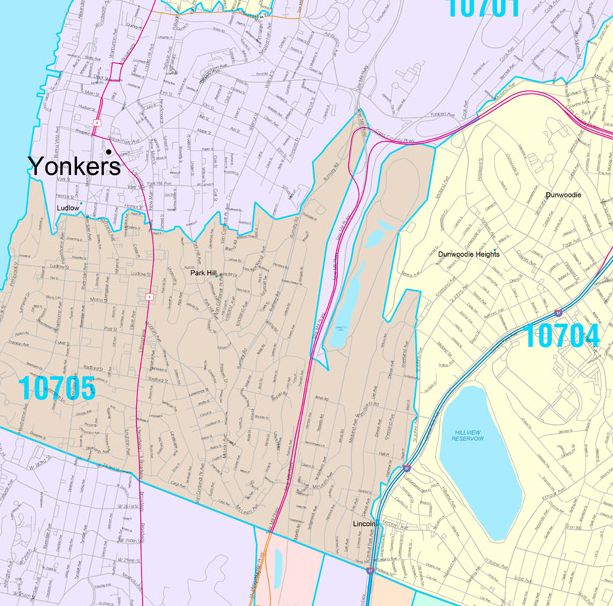 Color Cast Zip Code Style Wall Map of Yonkers, NY by Market Maps