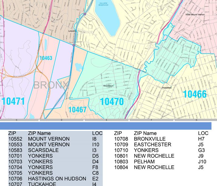 Color Cast Zip Code Style Wall Map of Yonkers, NY by Market Maps ...