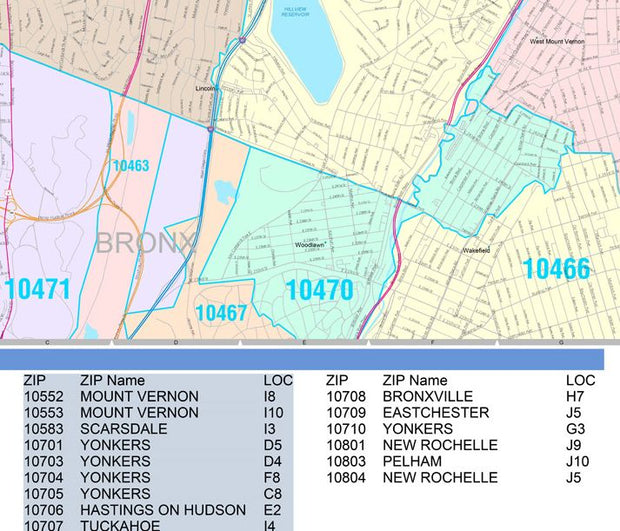 Color Cast Zip Code Style Wall Map of Yonkers, NY by Market Maps