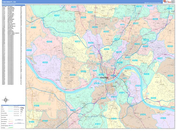 Color Cast Zip Code Style Wall Map of Cincinnati by Market Maps ...