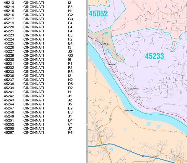 Color Cast Zip Code Style Wall Map of Cincinnati by Market Maps