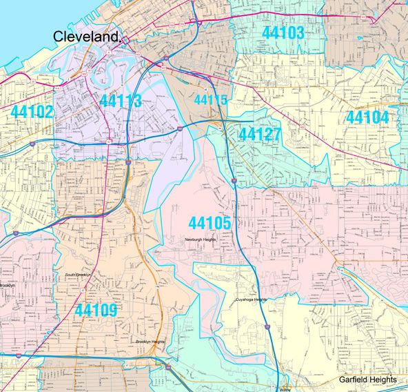 Color Cast Zip Code Style Wall Map of Cleveland by Market Maps