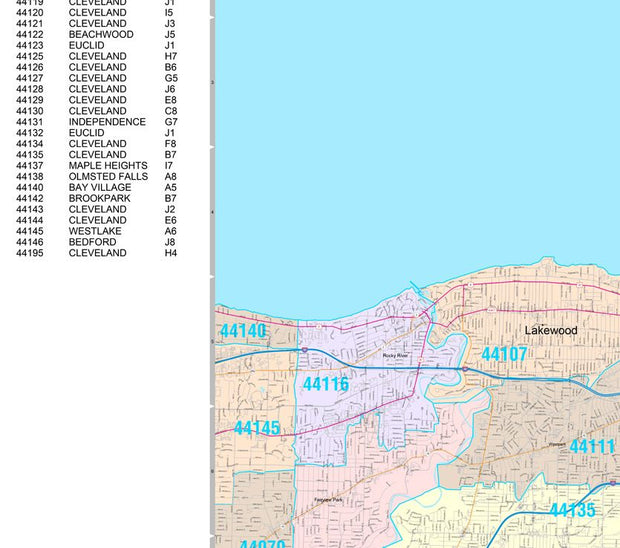 Color Cast Zip Code Style Wall Map of Cleveland by Market Maps