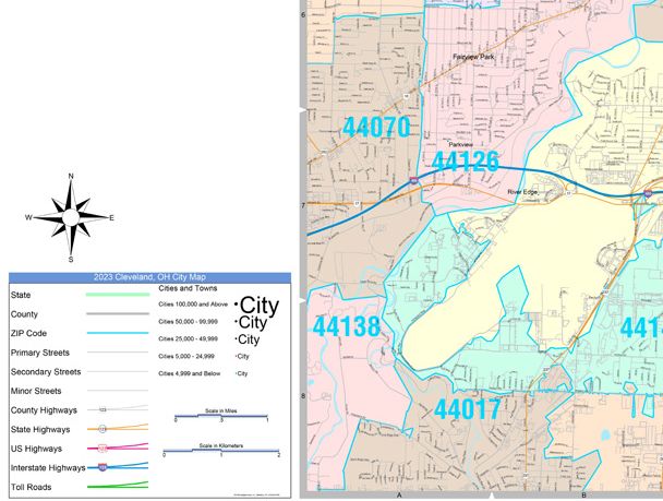 Color Cast Zip Code Style Wall Map of Cleveland by Market Maps