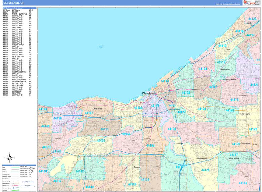 Color Cast Zip Code Style Wall Map of Cleveland by Market Maps ...