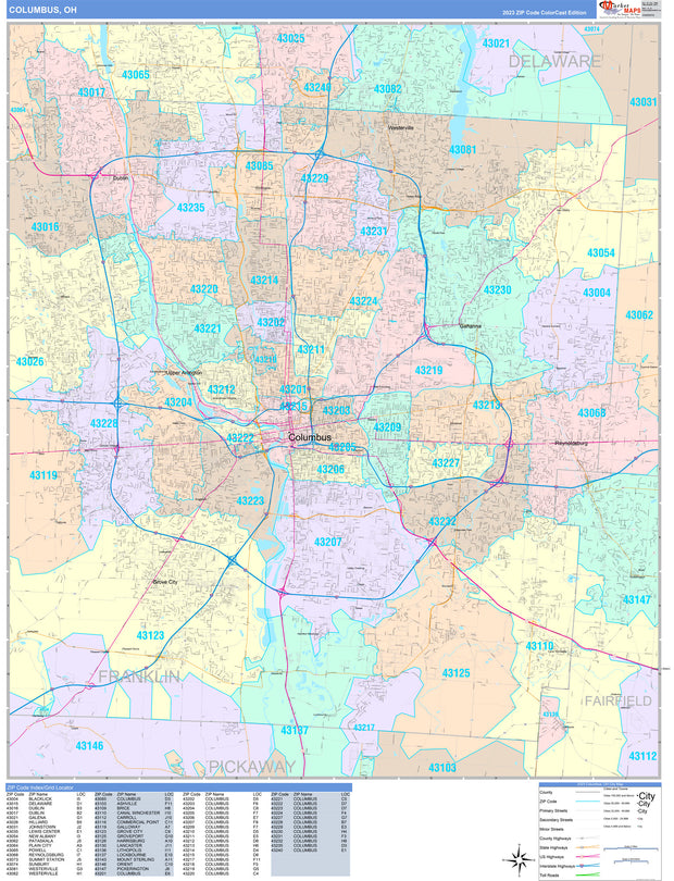 Color Cast Zip Code Style Wall Map of Columbus, OH by Market Maps