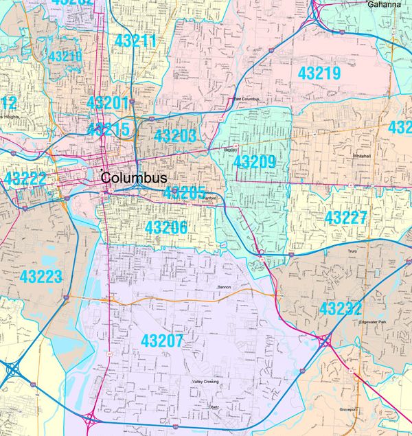 Color Cast Zip Code Style Wall Map of Columbus, OH by Market Maps