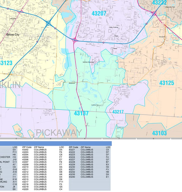 Color Cast Zip Code Style Wall Map of Columbus, OH by Market Maps