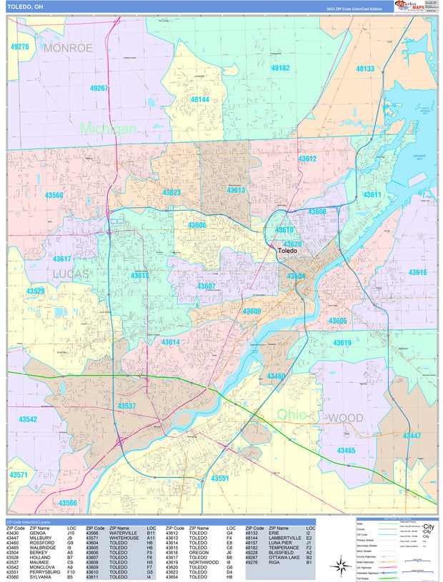 Color Cast Zip Code Style Wall Map of Toledo, OH by Market Maps