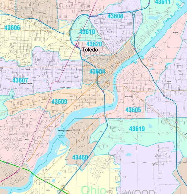 Color Cast Zip Code Style Wall Map of Toledo, OH by Market Maps