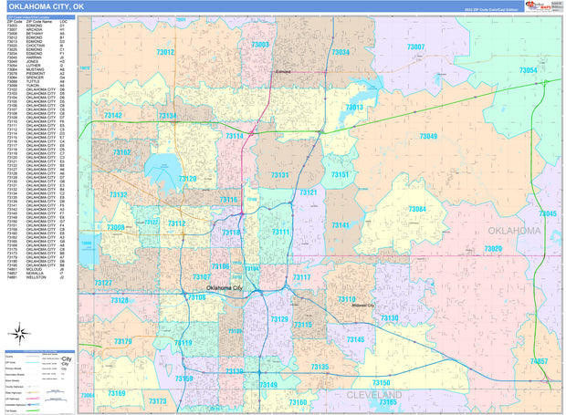 Color Cast Zip Code Style Wall Map of Oklahoma City, OK by Market Maps