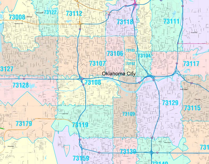 Color Cast Zip Code Style Wall Map of Oklahoma City, OK by Market Maps ...