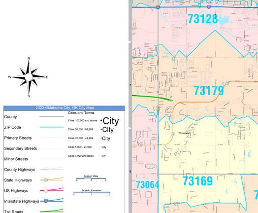 Color Cast Zip Code Style Wall Map of Oklahoma City, OK by Market Maps