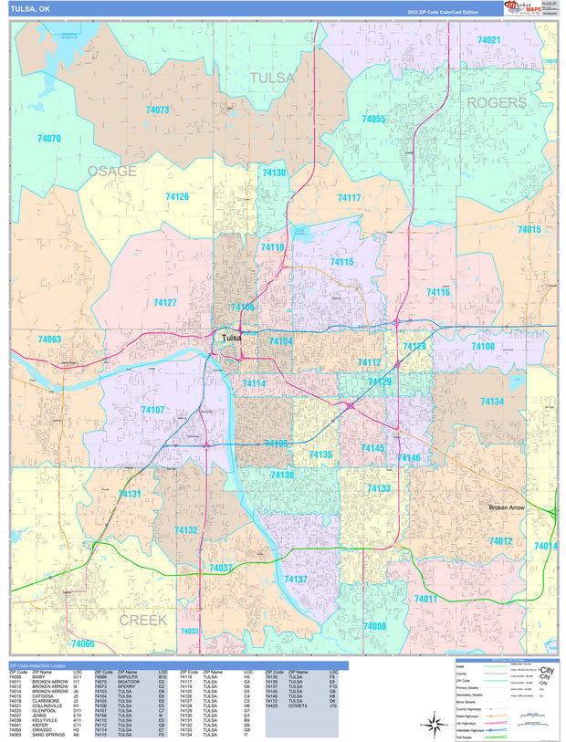 Color Cast Zip Code Style Wall Map of Tulsa, OK by Market Maps