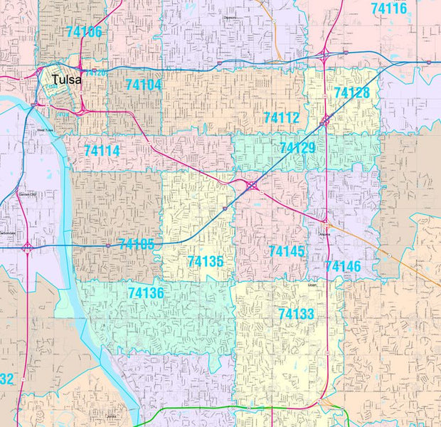 Color Cast Zip Code Style Wall Map of Tulsa, OK by Market Maps