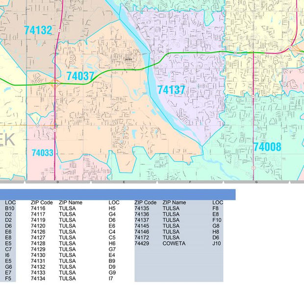 Color Cast Zip Code Style Wall Map of Tulsa, OK by Market Maps