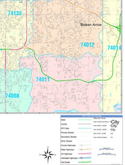 Color Cast Zip Code Style Wall Map of Tulsa, OK by Market Maps