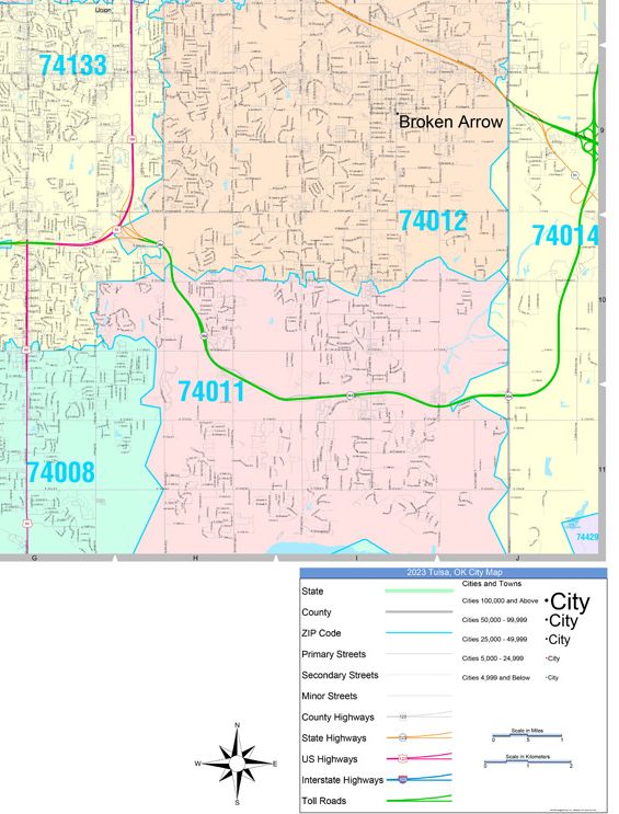 Color Cast Zip Code Style Wall Map of Tulsa, OK by Market Maps