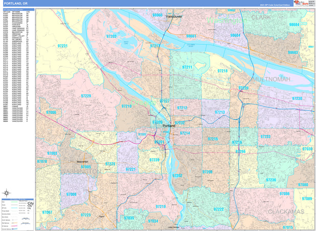 Colorcast Zip Code Style Wall Map of Portland, OR by Market Maps