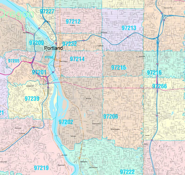 Colorcast Zip Code Style Wall Map of Portland, OR by Market Maps