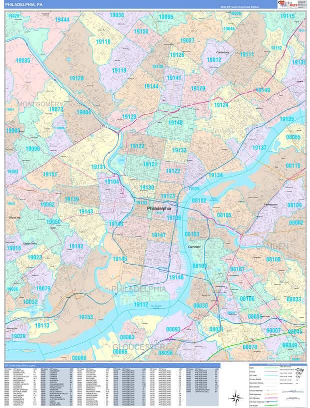 Colorcast Zip Code Style Wall Map of Philadelphia, PA by Market Maps