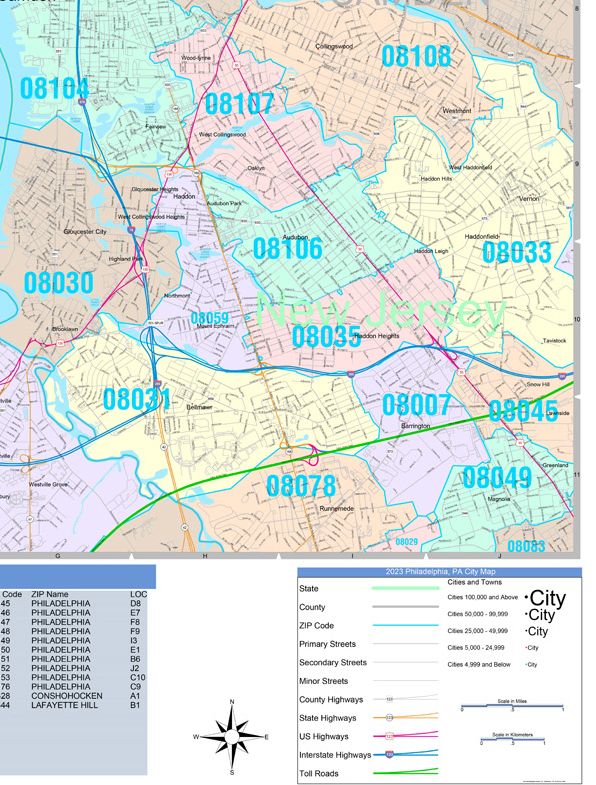 Colorcast Zip Code Style Wall Map of Philadelphia, PA by Market Maps