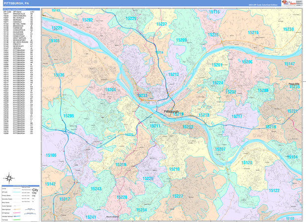 Colorcast Zip Code Style Wall Map of Pittsburgh, PA by Market Maps