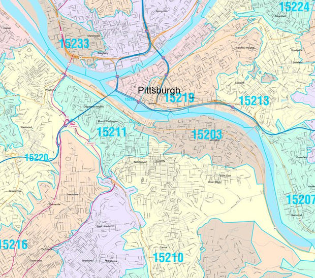 Colorcast Zip Code Style Wall Map of Pittsburgh, PA by Market Maps
