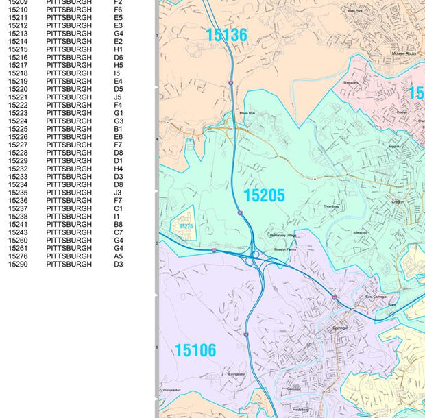 Colorcast Zip Code Style Wall Map of Pittsburgh, PA by Market Maps