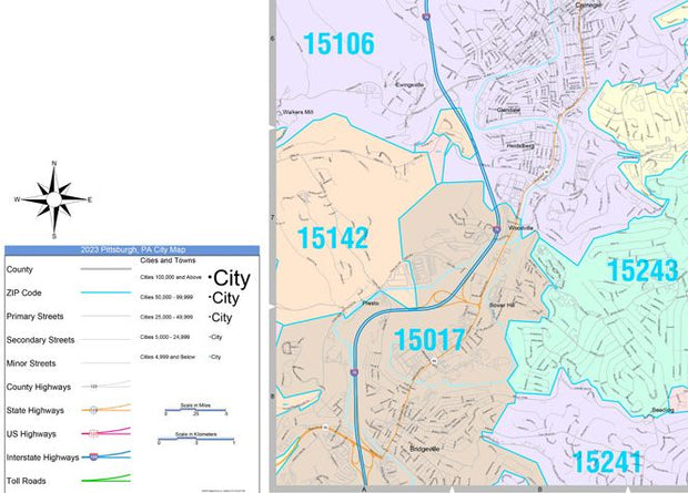 Colorcast Zip Code Style Wall Map of Pittsburgh, PA by Market Maps