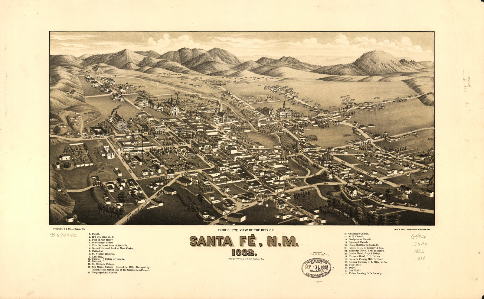 Bird's Eye View of the city of Santa Fé, N.M., 1882