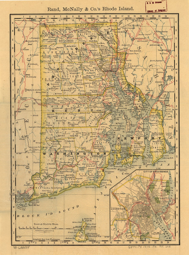 Map of the State of Rhode Island Showing Railroads, 1875