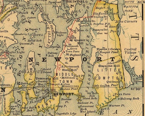 Map of the State of Rhode Island Showing Railroads, 1875