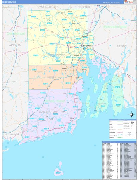 Color Cast Style Wall Map of Rhode Island