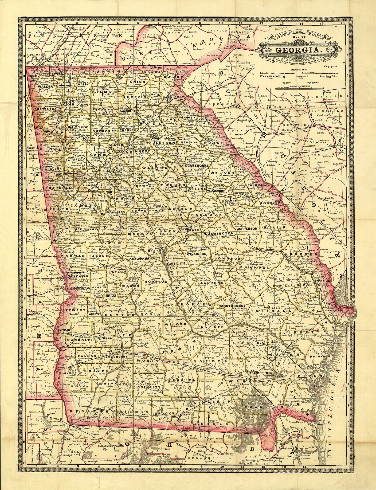 Railroad and county map of Georgia.